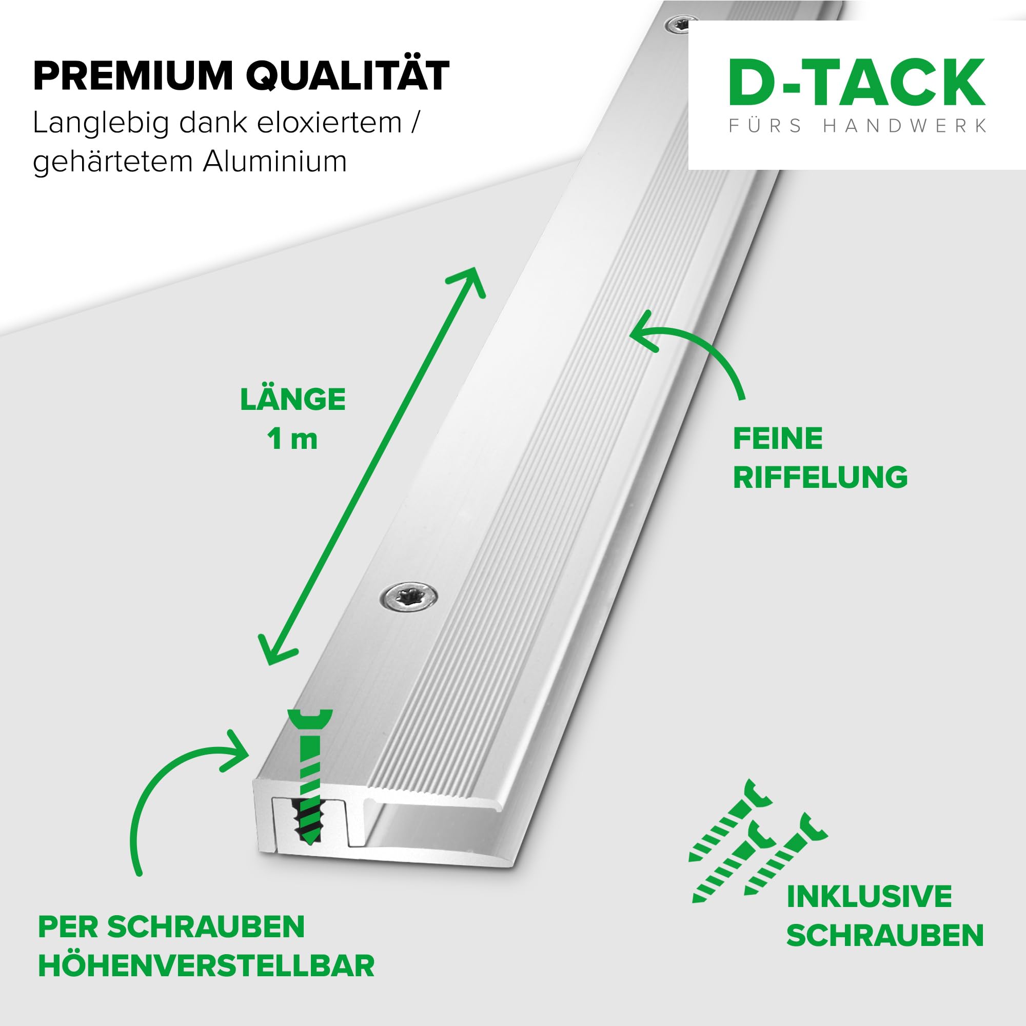 D-TACK Abschlussprofil zum Schrauben inkl. Schrauben & Dübeln | Aluminium-Bodenleiste | Breite 21 mm | Länge 1 m | Belagsstärke von 5 bis 9 mm | Endschiene für Vinyl- / Design- / Textilböden | Silber