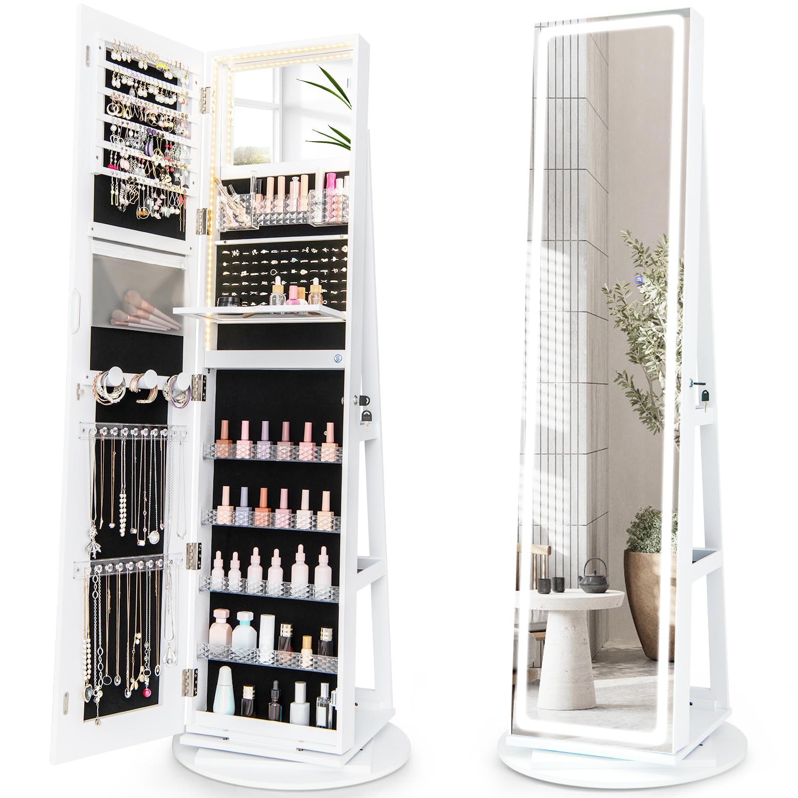 LOKO 360° Swivel Jewelry Cabinet with 3-color LED Lights, Lockable Jewelry Armoire Organizer with Full-Length Mirror, Makeup Mirror & Foldable Makeup Shelf, for Girl Women, Gift (White)