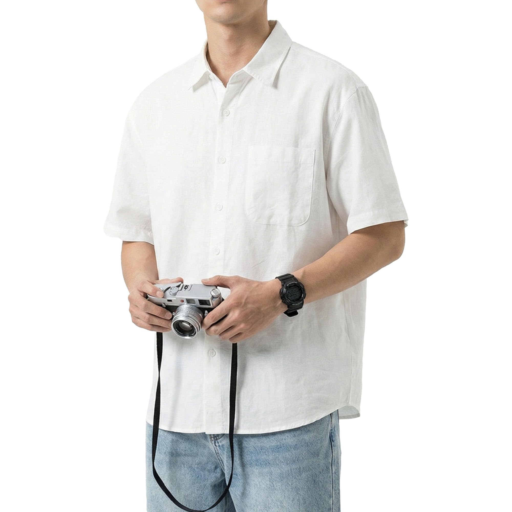 Camicia oversize da uomo con bottoni, per vacanze, estive, con colletto