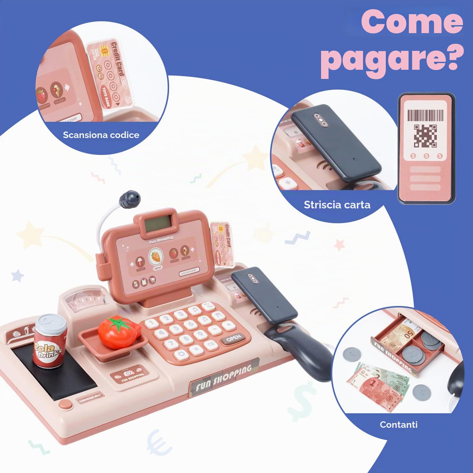 Registratore di Cassa Elettronico Supermercato Giocattolo con Suono, Cibo, Cestino Della Spesa Bambina 3 Anni, Supermercato Giocattolo per Bambini con Scanner Microfono