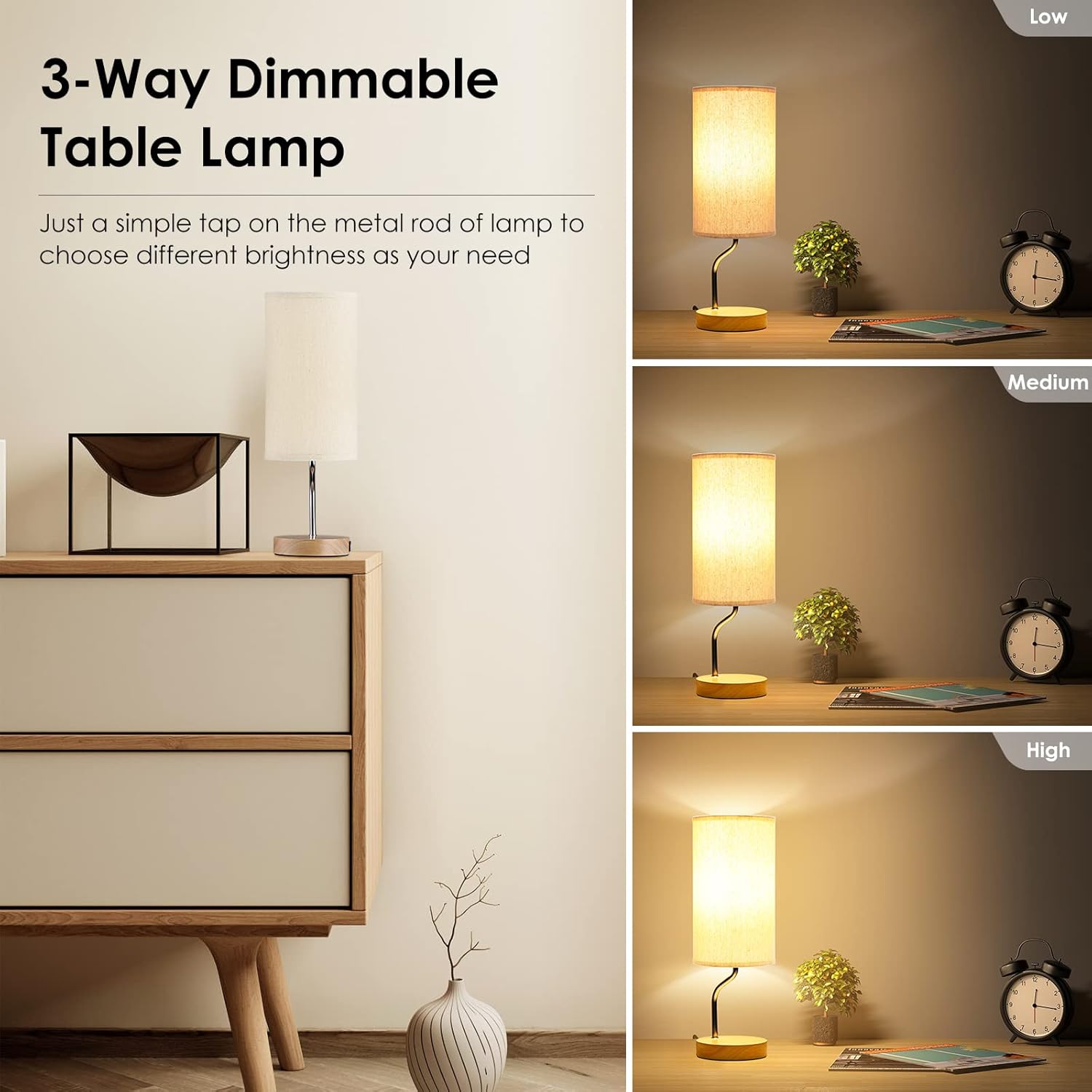 Upgraded Smart Bedside Table Lamp with Wireless Charger & USB Port - Touch Control LED Desk Lamp for Bedroom, Dimmable Wooden Nightstand Lamp with Fabric Shade for Home Living Room, Kid's Room Cream