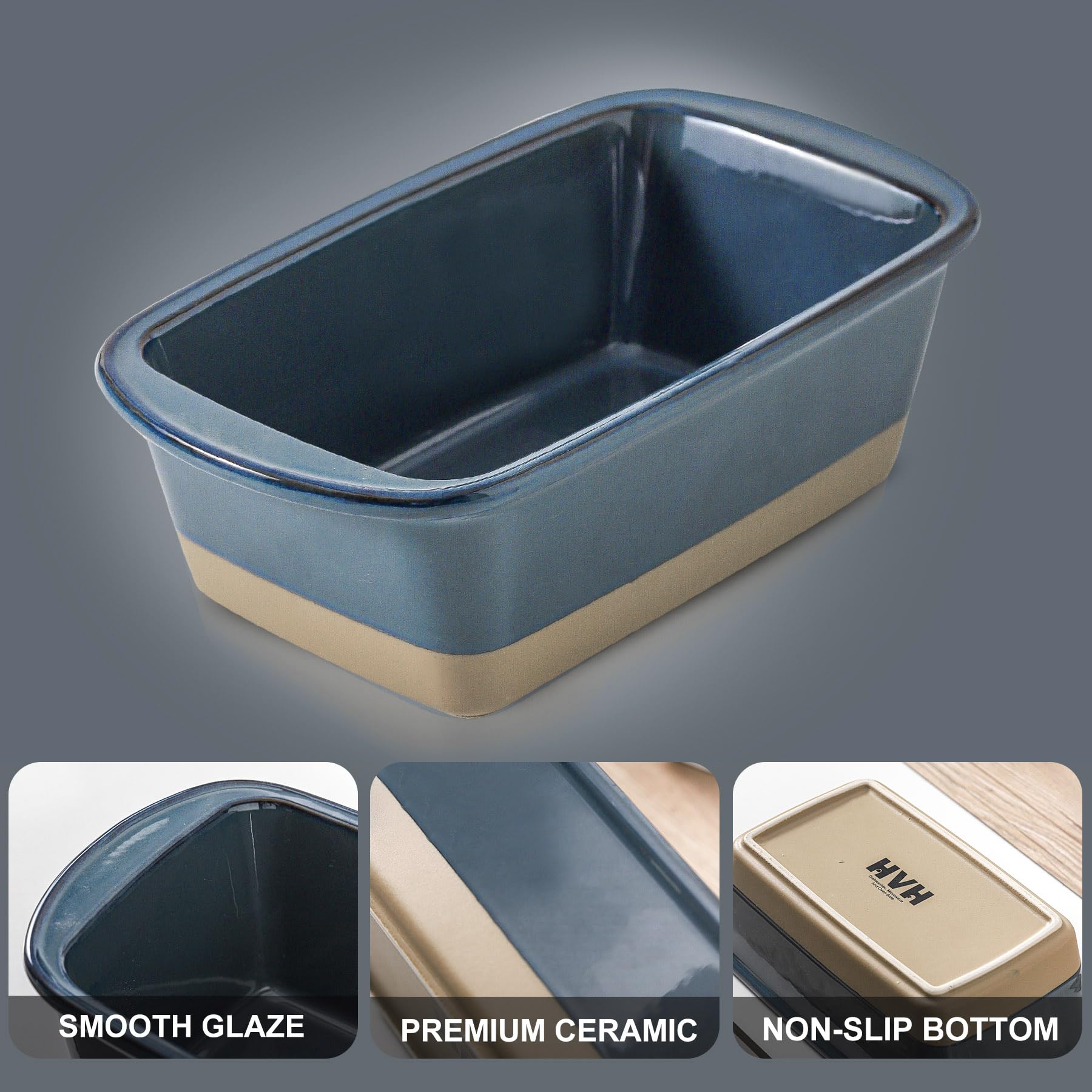 HVH Kastenform aus Keramik, zum Backen von Brot, 22,9 x 12,7 cm, rechteckige Brotform, Brotbackform zum Kochen, Bauernhaus-Stil (blau)