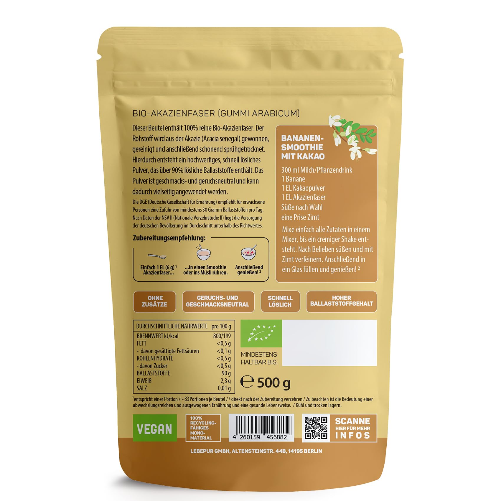 Lebepur BIO Akazienfasern vegan 500g, 90% Ballaststoffe, geschmacks- und geruchsneutral, Akazienfaser Pulver, glutenfrei, ohne Zusatzstoffe, hoher Ballaststoffgehalt mit 90g pro 100g