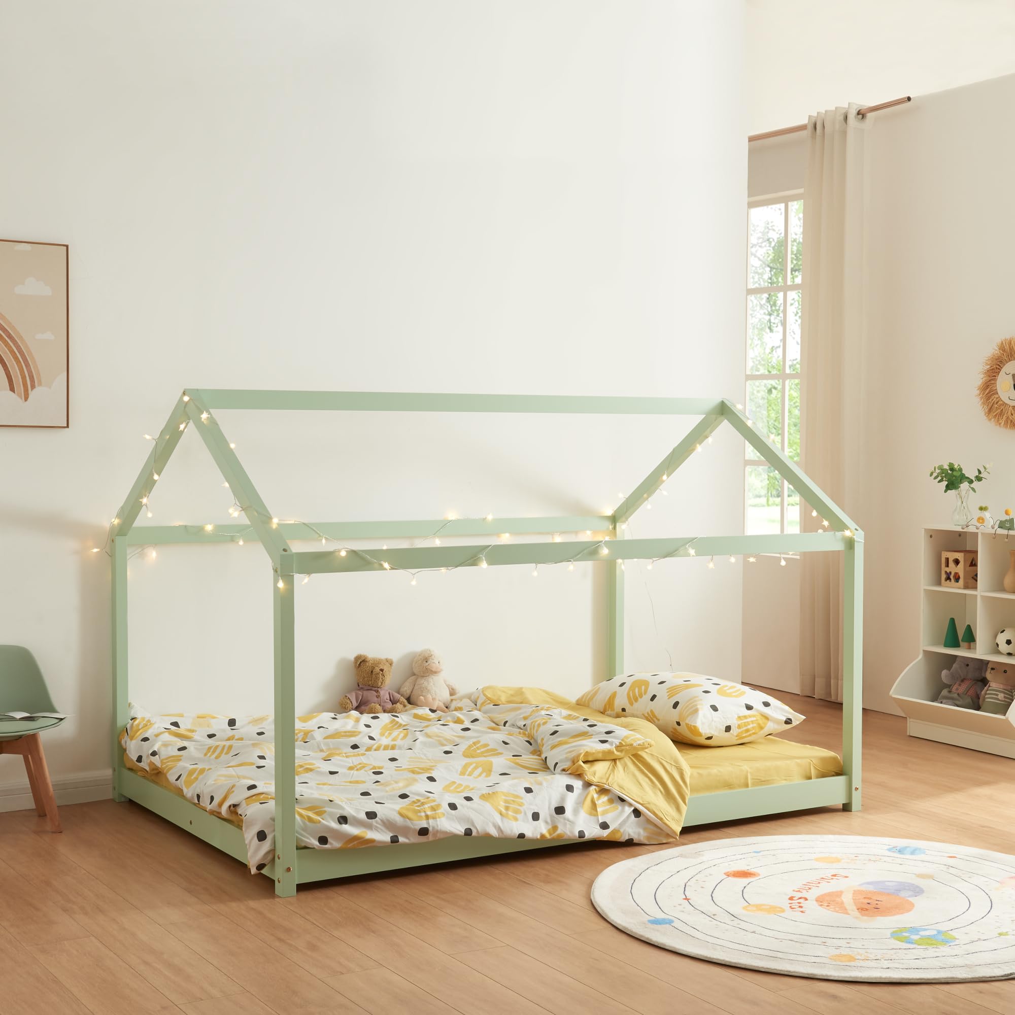 [en.​casa] Lit Cabane pour Enfant avec Sommier à Lattes Lit en Forme de Maison sans Matelas Capacité de Charge 140 kg Bois de Pin Contreplaqué 120 x 200 cm Vert Menthe