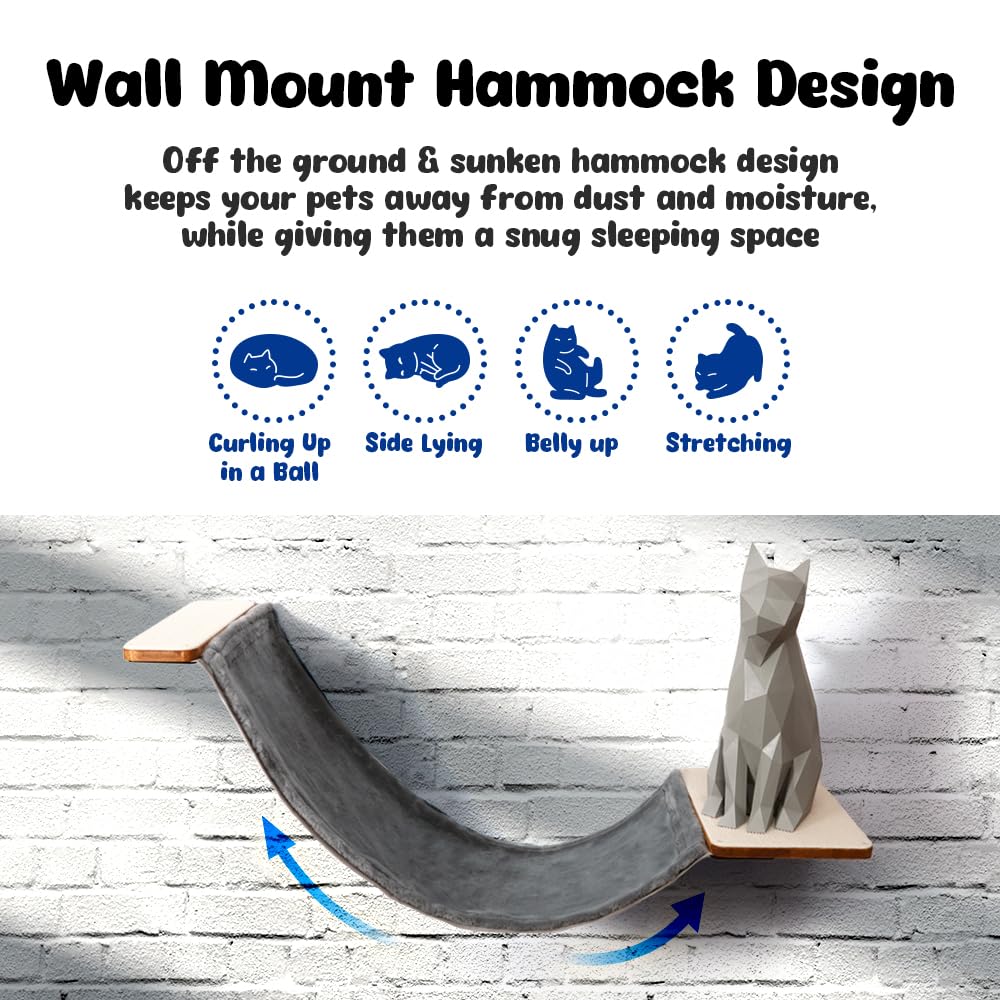 Hamaca de pared para gatos con diseño de doble tela, cama resistente para gatos grandes, puente para gatos y percha de pared para gatos con marco de metal y estante de madera para un descanso