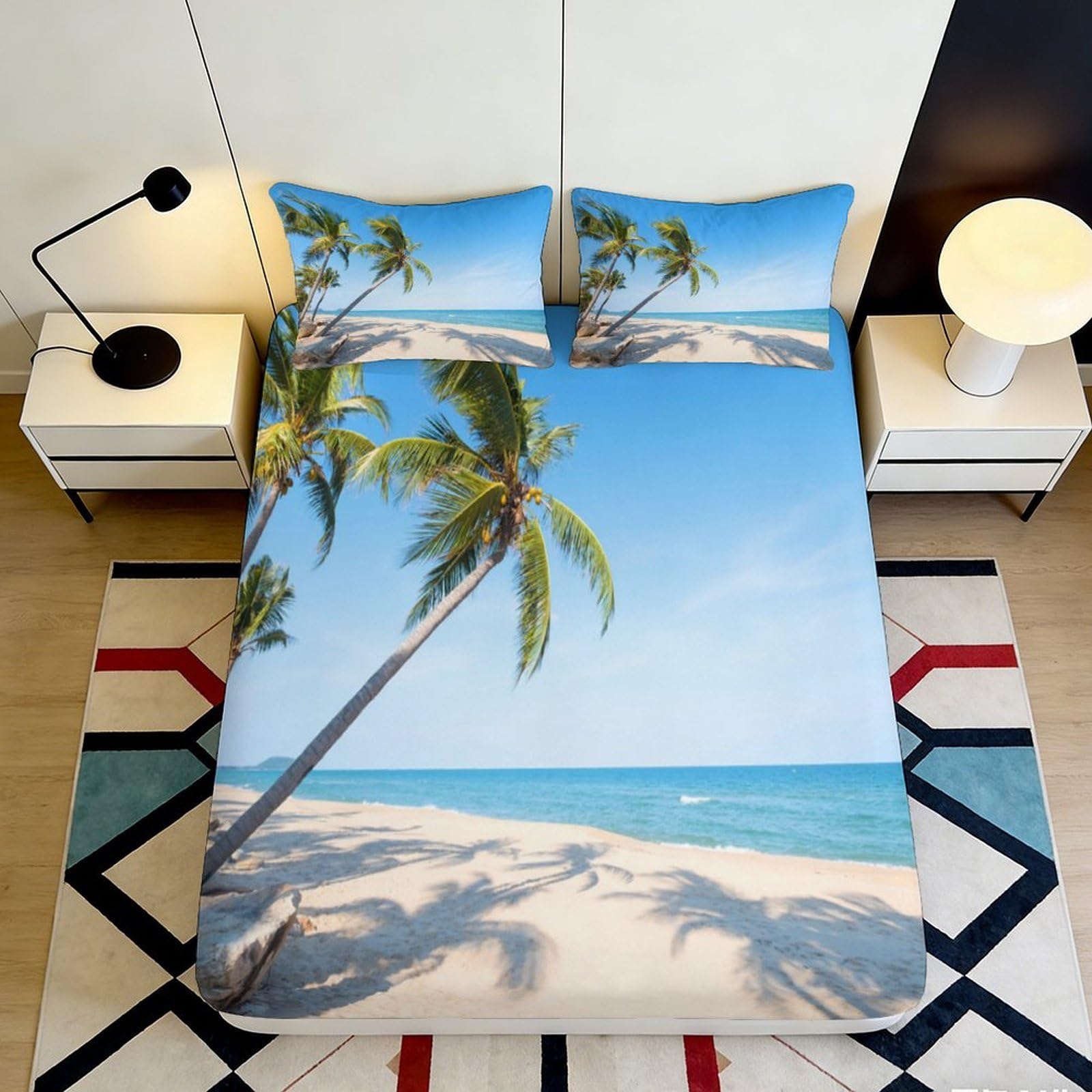 3D Printed Tropical Beach Fitted Sheet Microfiber Soft Breathable Palm Ocean Bed Sheet for Bedroom Guest Room Decor 90x200x25cm