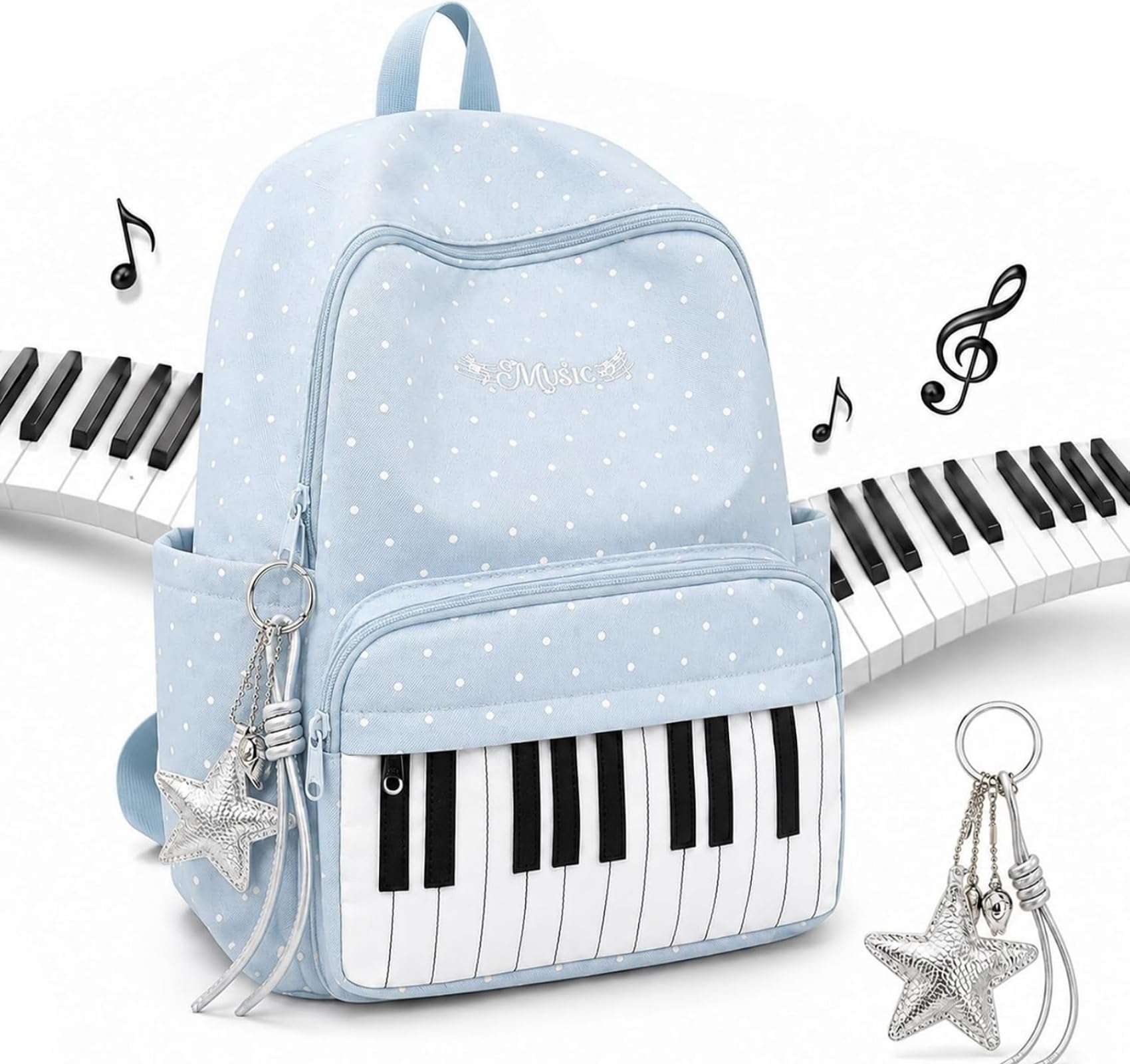 koumpo Piano Backpack, Polka Dot Backpack, Y2k Bookbag Medium Daypack with Wide Padded Lightweight Adjustable Straps, Pendant, Black Polka Dot,Blue