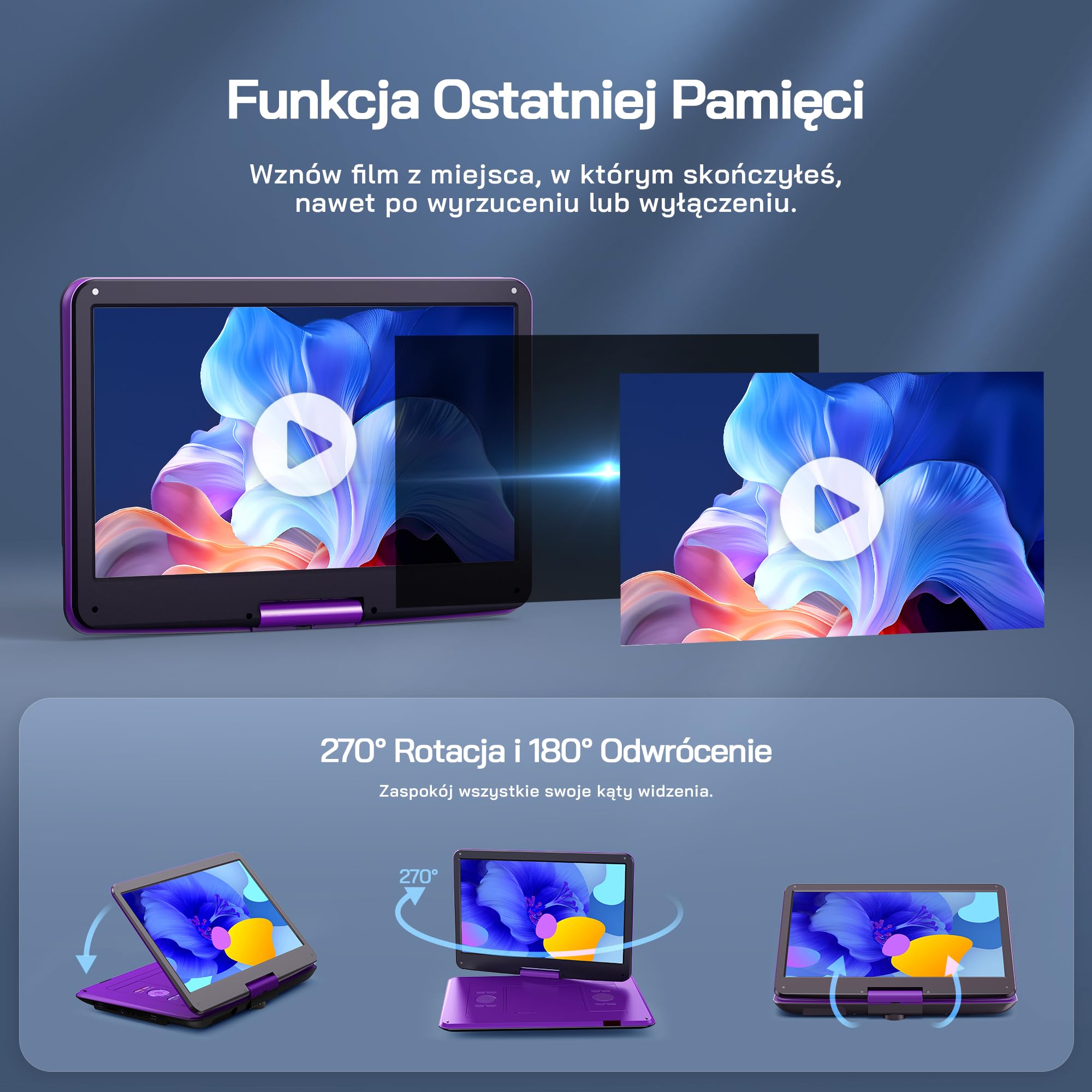 WOLFANG Przenośny odtwarzacz DVD 17,5" z dużym wyświetlaczem HD 15,6", akumulator 5000 mAh, bez ograniczeń regionalnych, dwa głośniki stereo, obsługuje USB/kartę SD/Sync TV, projektor, fioletowy