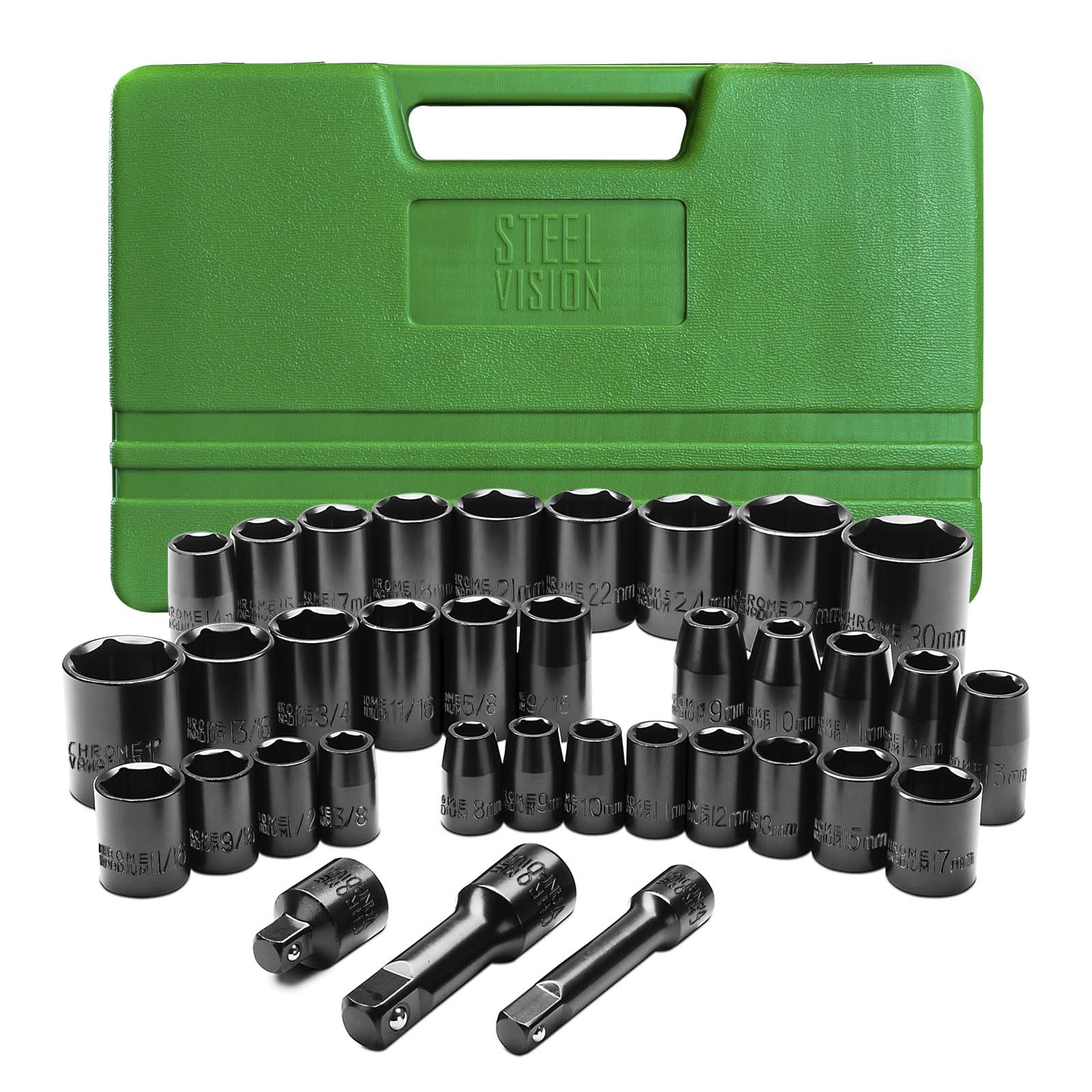Steel Vision 35-Piece Impact Socket Set, 1/2" Drive Shallow (Metric 9-30mm, SAE 9/16"-1") & 3/8" Drive Shallow (Metric 8-17mm, SAE 3/8"-11/16"), CR-V