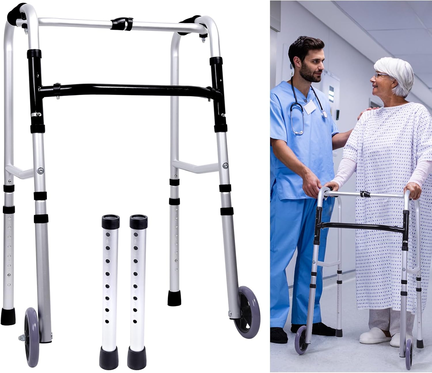 Folding Walker for Seniors Aluminum Lightweight Walker with Wheels Removable Standard Walker Adjustable Height Mobility Aids Walker Easy 1-Button Folding Mechanism Supports up to 400 lbs