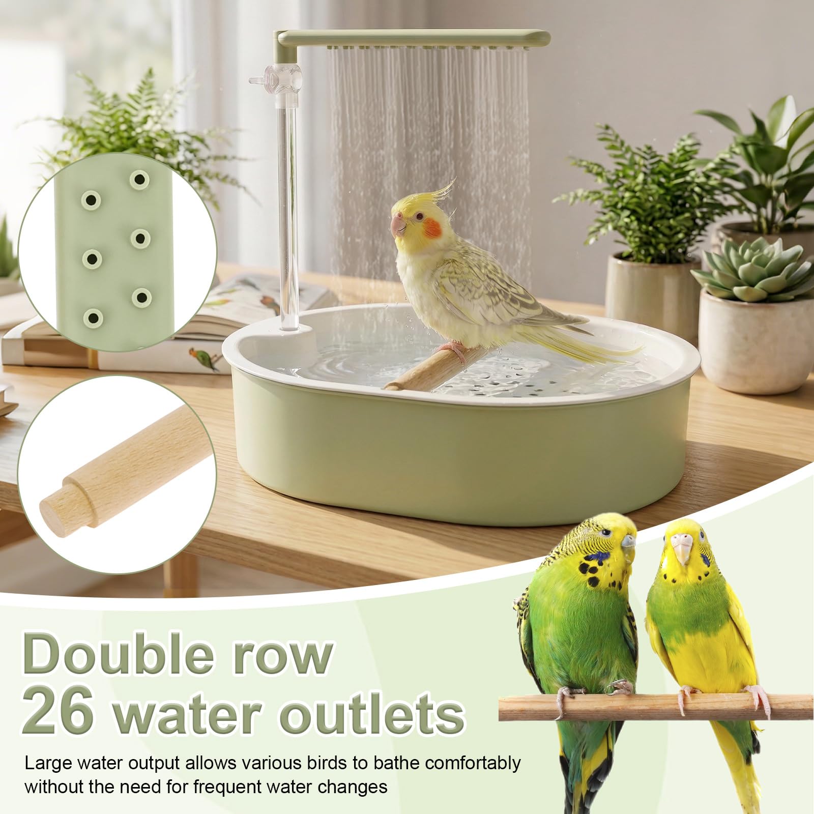 Douche pour oiseaux, perruches, baignoire, automatique, avec débit d'eau réglable, 32 x 26,5 cm, boucle d'alimentation USB avec 26 sorties d'eau pour perruches, canaris, calopsittes - 4