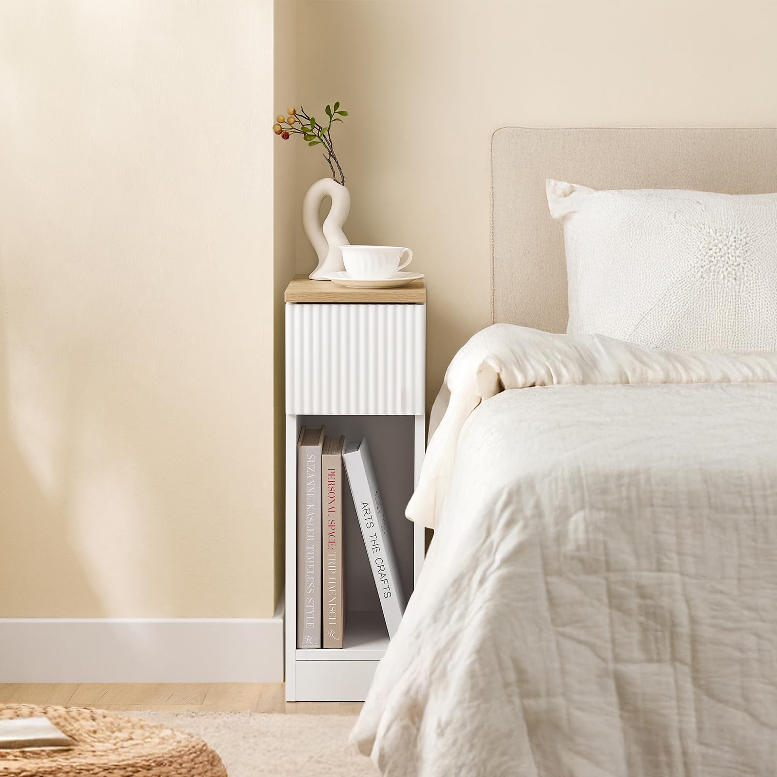 SoBuy comodino camera da letto 20 cm, tavolino da letto e tavolino salotto con cassetto fisso e frontale a onde, tavolino salvaspazio per camera e piccoli ambienti, Bianco, 20x35x60 cm, FBT111-W