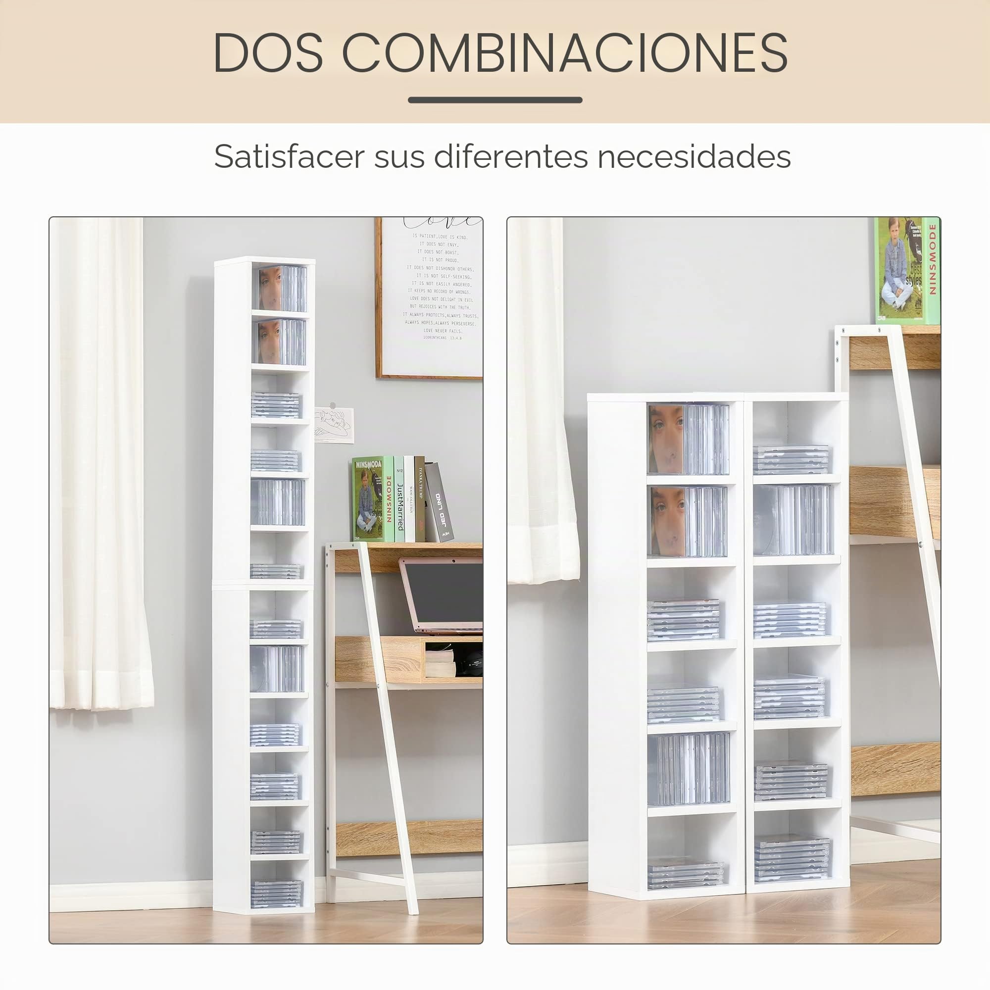 HOMCOM - Juego de 2 estanterías columnas armario de almacenamiento CD-DVD 6 + 6 compartimentos dim. 21 x 19 x 88 cm. Capacidad máx. 160 CD blanco