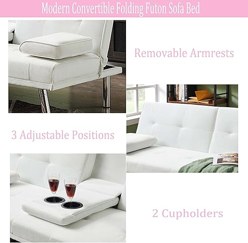 Miniatura 3 de Moderno sofá cama futón de terciopelo con 2 portavasos, sofá cama convertible con 3 respaldos ajustables y patas de metal, sofá biplaza reclinable