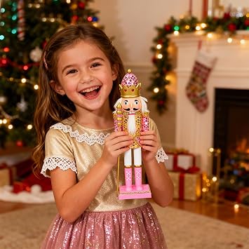 Pink Nutcracker Soldier Ornaments Christmas Decorations, 14 Inch christmas nutcracker figures large, Traditional Painted Wooden Doll,Nutcracker Soldier Puppet Doll for Fireplace Xmas Gift Indoor Decor