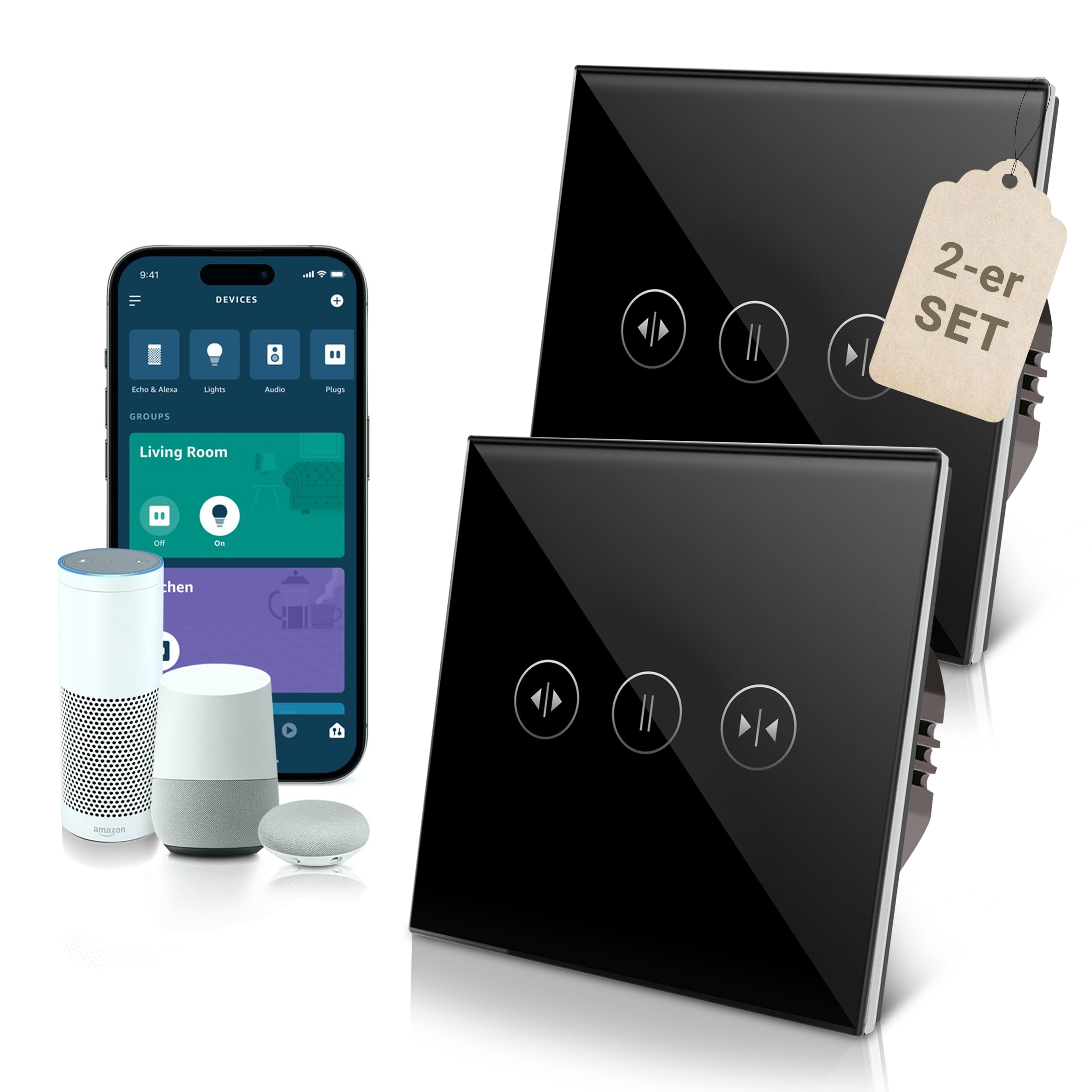 PULSAR Set di 2 interruttori per tapparelle Wi-Fi, da incasso, 1 via, nero, con cornice in vetro, funzione timer e compatibile con Alexa e Google Home