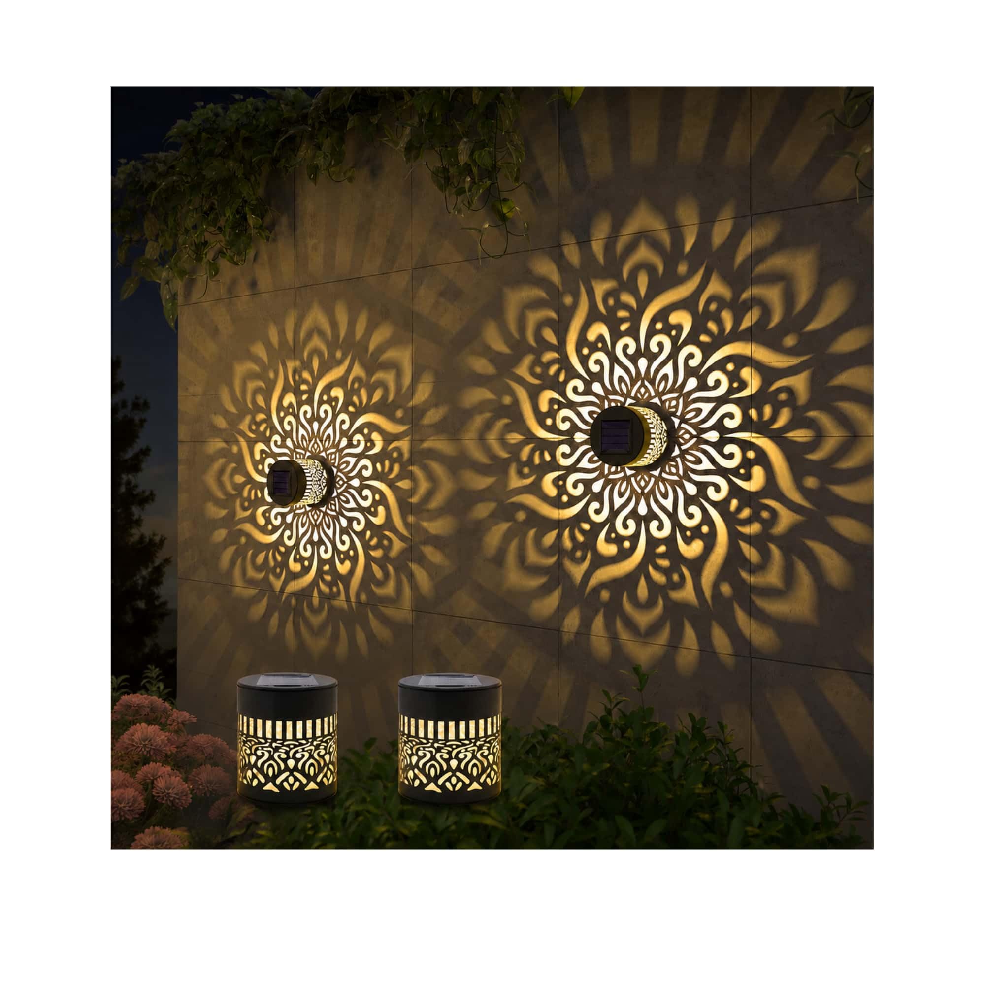 Solar Mandala Wall Lights, 7 Colour Changing Outdoor Projection Lamps, Waterproof Metal Fence Lights for Garden, Patio, Yard, Backyard, Fence Post and Outdoor Wall Decor (2, Mandala Pattern)