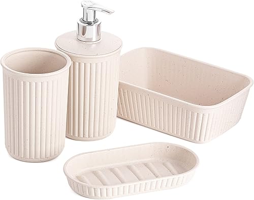 Superio Ribbed Collection - Juego de accesorios de baño de plástico decorativos ecológicos (juego de 4) jabonera, dispensador de líquidos, taza para