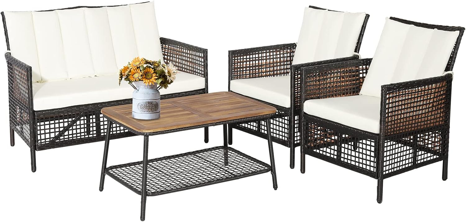Tangkula 4 Pieces Patio Furniture Set, Outdoor PE Wicker Conversation Set with 2-Tier Coffee Table, Acacia Wood Tabletop & Extra Storage Shelf, Outdoor Furniture Sofa Set w/Cushions (1, Off White)