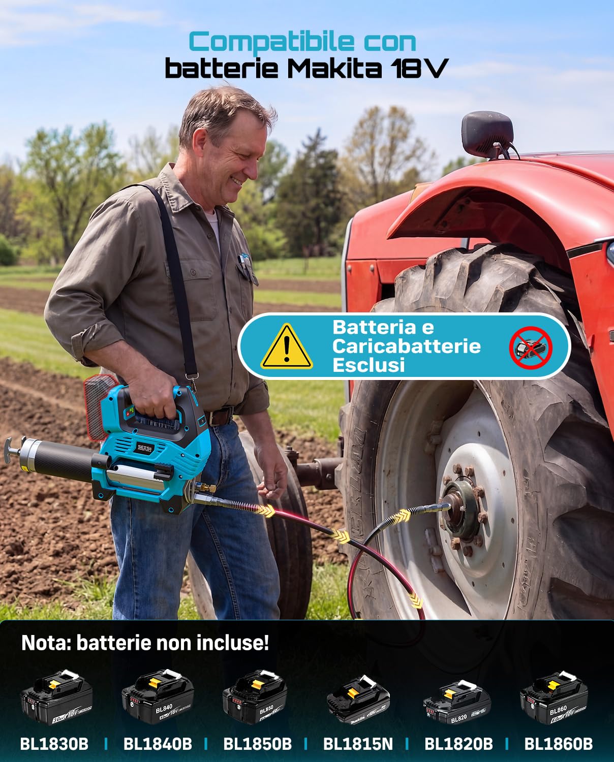 Seesii 12000PSI Ingrassatore a Batteria compatibili Anche con batterie Makita da 18 V (batteria non inclusa), 3 velocità, Motore Brushless, 3 Testina Ingrassatore, Tubo da 1m, per Attrezzature Pesanti