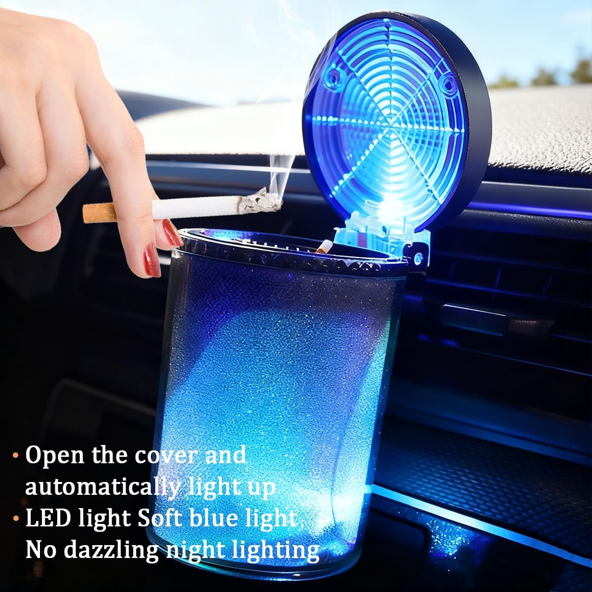 Car Ashtray with LED Light, Smell Proof Portable Mini Vehicle Trash Can Ashtray with Lid, Light Automotive Cup Holder Ash Tray Accessories, Universal for SUV, Sedan, Truck