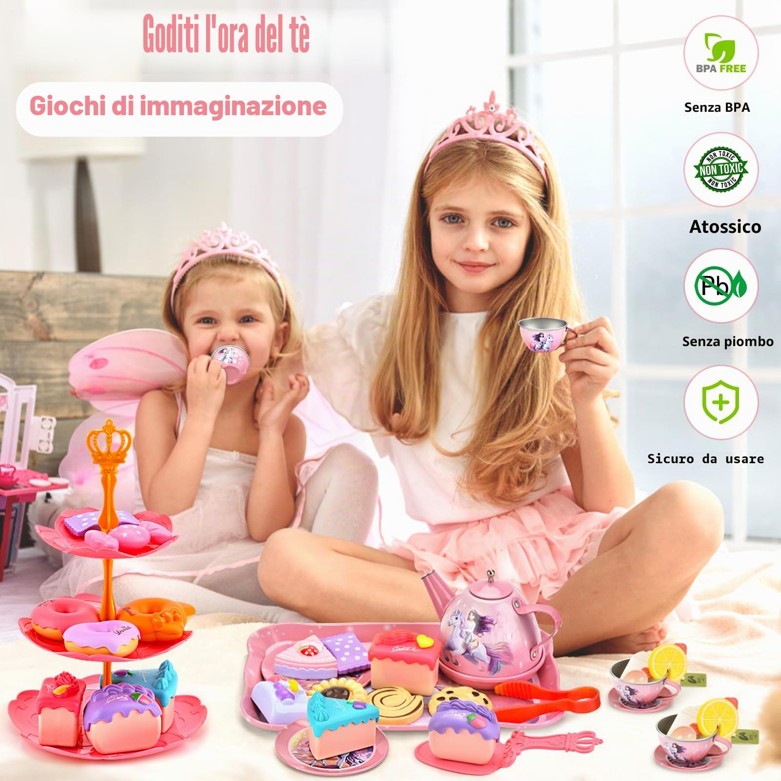 48 Pezzi Set da Tè Per Bambini, Tè Pomeridiano Accessori Cucina Bambini con Dessert Donut Tazze Piatti, Set Cucina Giocattoli per Natale Compleanno Regalo Bambina 3 4 5 6 7 Anni