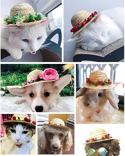 Miniatura 6 de NACOCO Sombrero de paja de girasol, hecho a mano, encantador, accesorio para fotografía de perros y gatos pequeños (S, rosa)