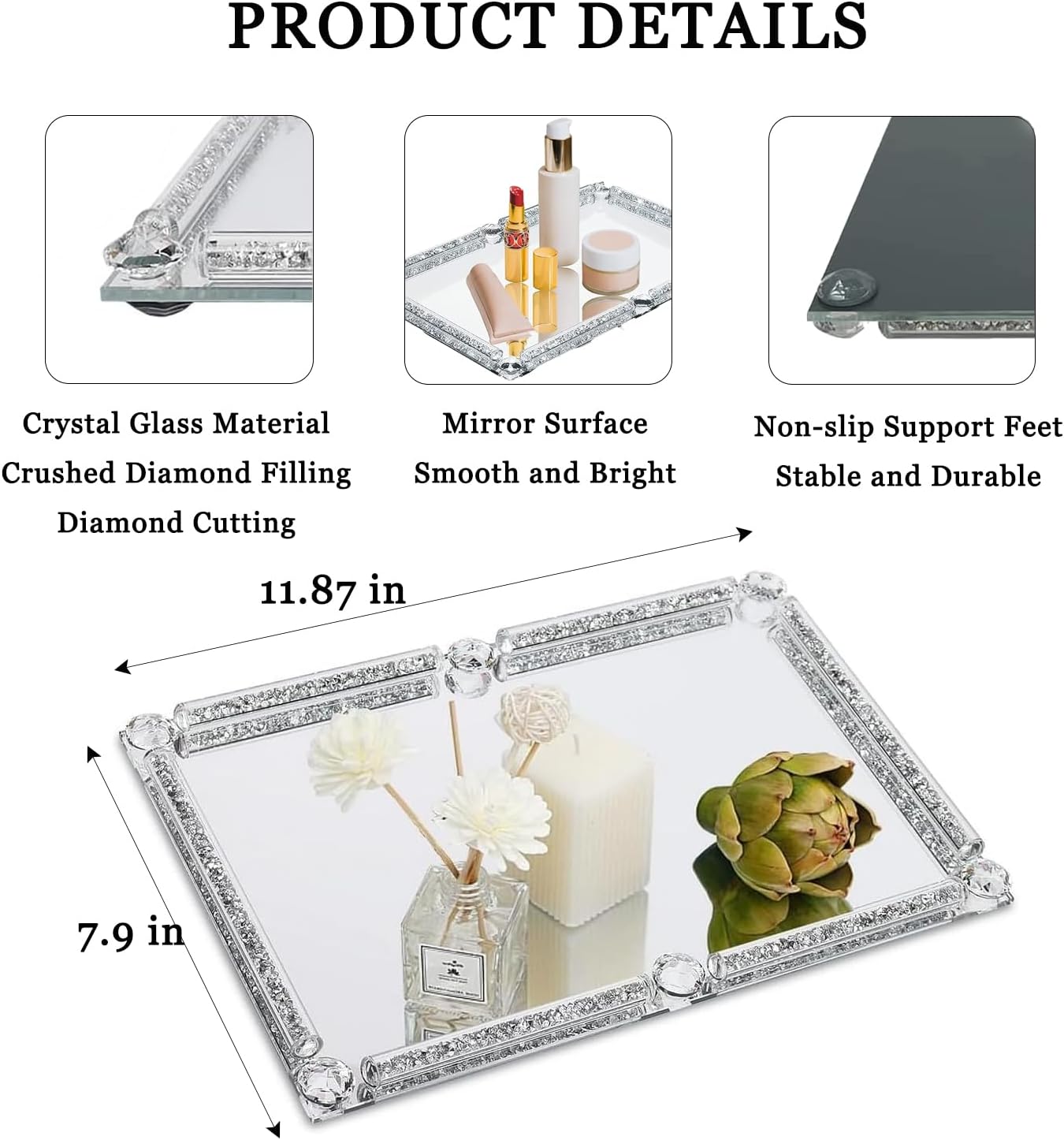 Crystal Glass Tray, 11.8" x 7.9" Crushed Diamond Silver Mirror Perfume Makeup Display Tray, Noble Jewelry Trinket Vanity Trays, Ornate Rectangular Cosmetics Dresser Decoration for Home Decor