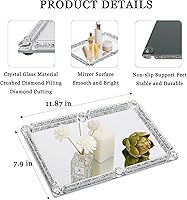Vista 2 de Bandeja de vidrio de cristal, bandeja de maquillaje y perfume de espejo plateado con diamante triturado de 11.8" x 7.9", bandejas de joyería