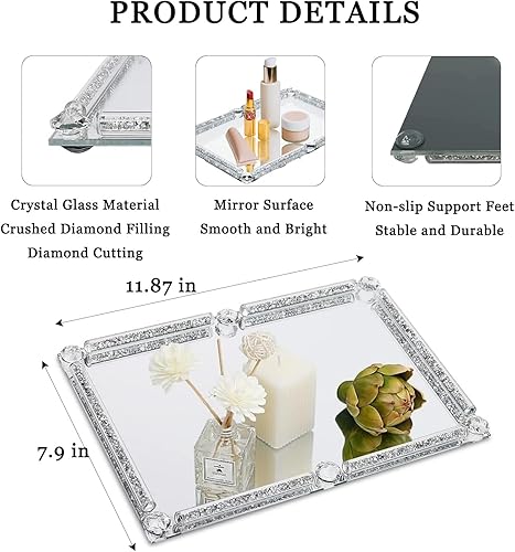 Miniatura 2 de Bandeja de vidrio de cristal, bandeja de maquillaje y perfume de espejo plateado con diamante triturado de 11.8" x 7.9", bandejas de joyería