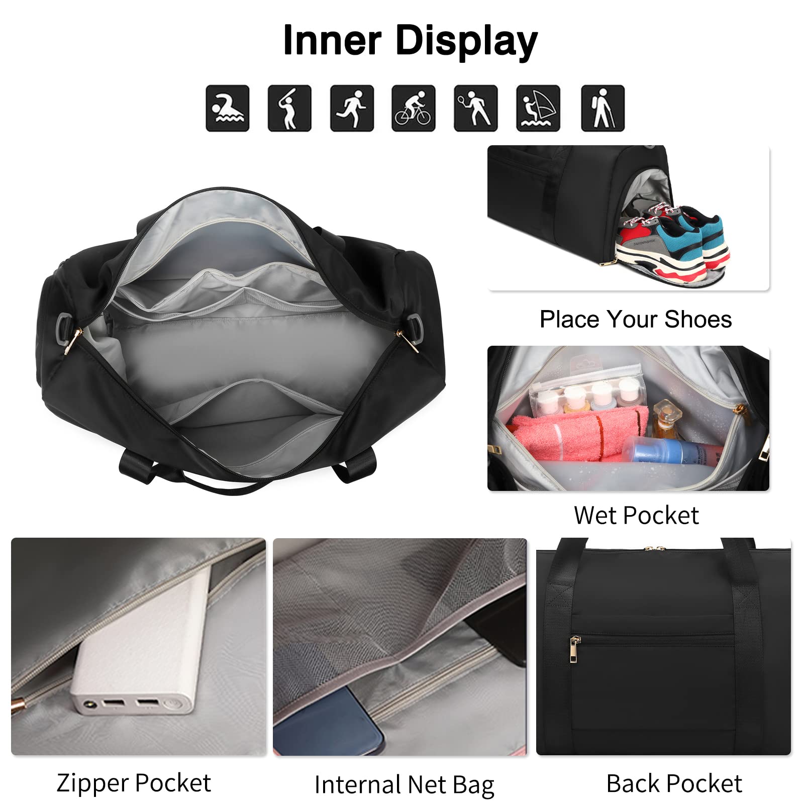 FANDARE Damen Reisetaschen Herren Klassische Sporttaschen Handgepäck mit Kosmetiktasche Weekender Umhängetasche Übernachtung Kliniktasche Schwimmtasche Trainingstasche Tote Bag Schwarz