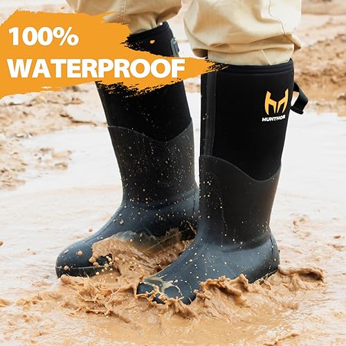 Vista 2 de Botas de trabajo de goma, botas de goma con punta de acero para hombres, botas de caza de goma impermeables de neopreno de 0.236 in para Negro