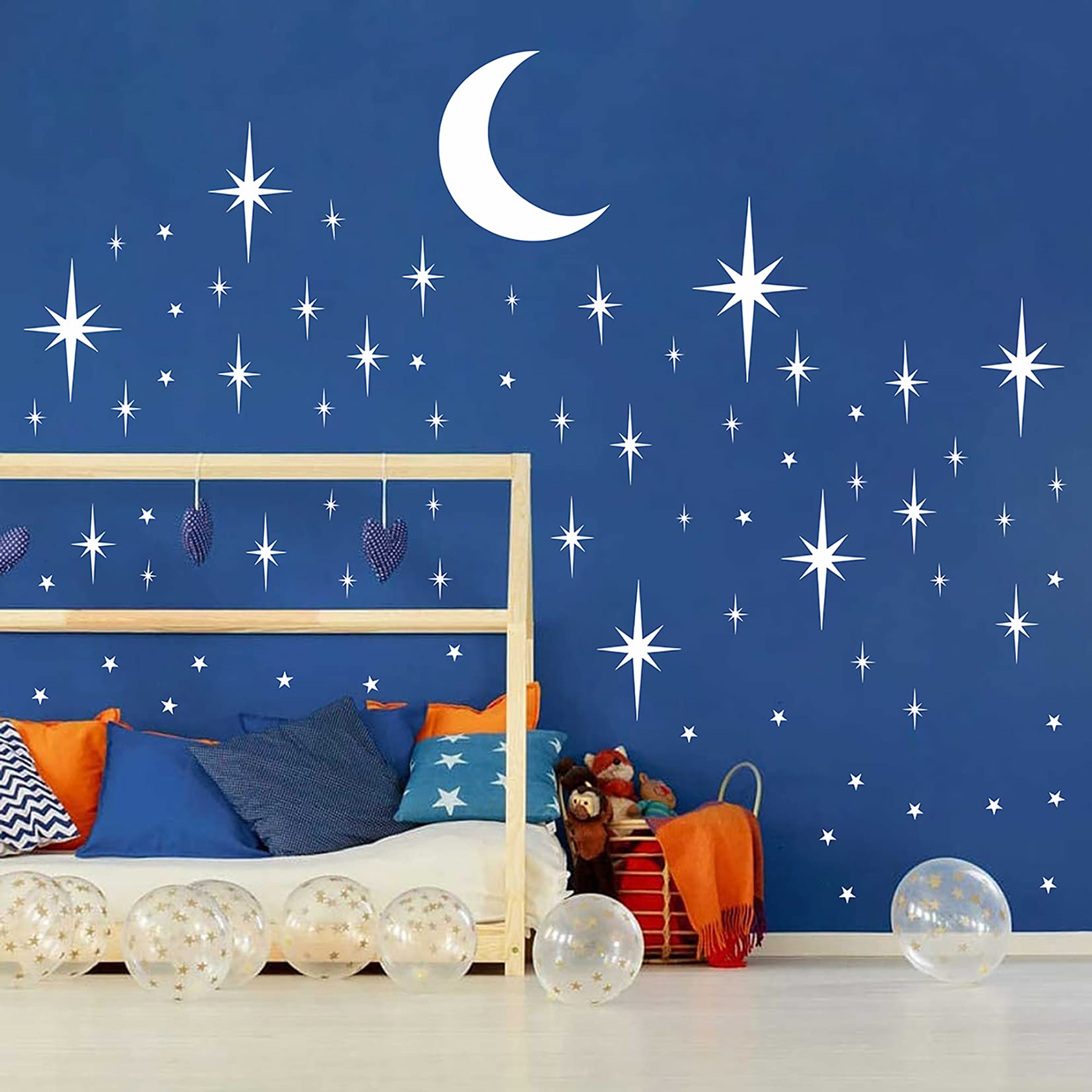 Calcomanía de pared con estrellas y luna para pared, vinilo blanco en estrellas, pegatinas de pared removibles para niños y niñas dormitorio