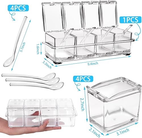 Miniatura 9 de Faxco Caja de especias transparente de 4 celdas, contenedor de almacenamiento, frascos de condimentos, caja de condimentos de acrílico con tapa y