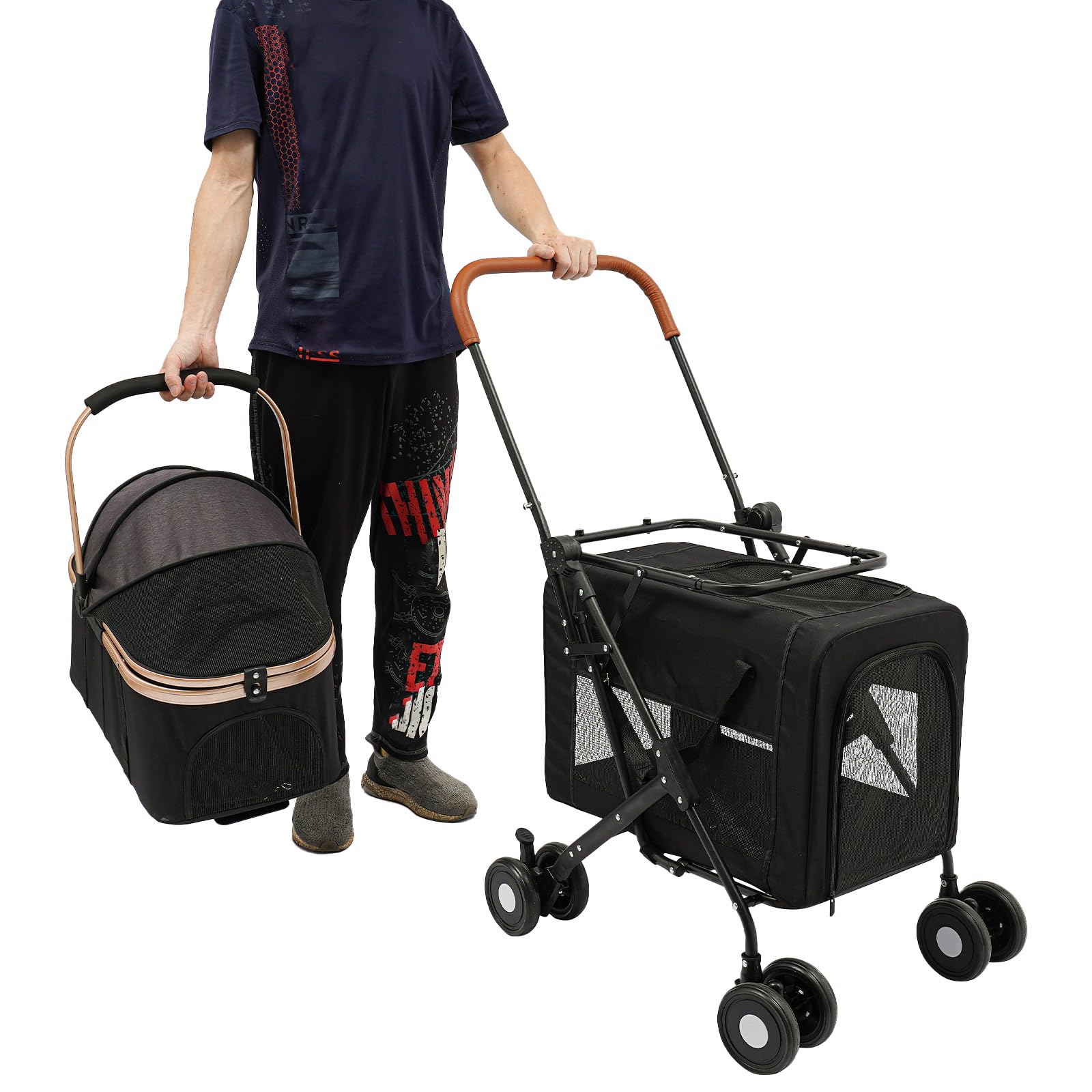 Wózek dla zwierząt domowych, składany wózek transportowy dla kotów i psów, pojemność 35 kg, 2 zdejmowane pudełka, wysokość 97 cm, dla małych i średnich zwierząt domowych, spacerów, zakupów