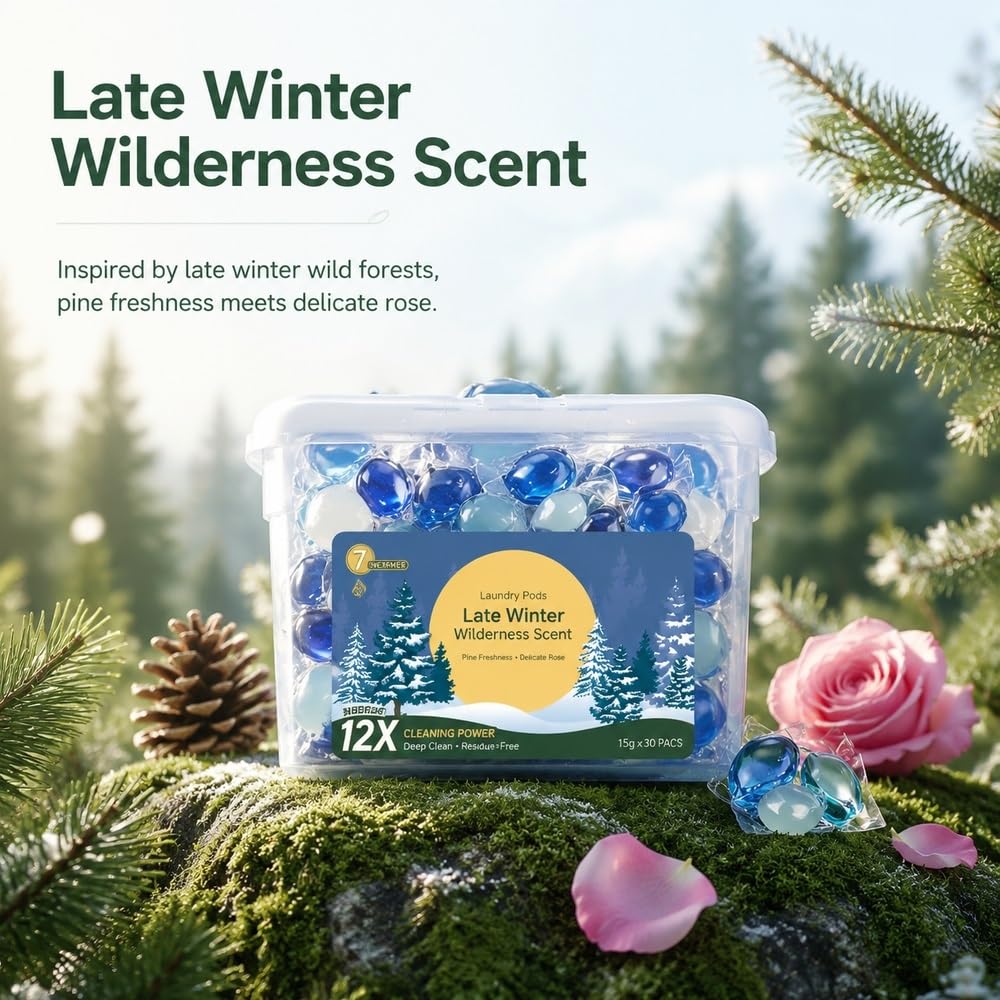 Wäschepads 15 G, 12-fache Fleckenkraft, Geruchskontrolle, 30 Stück | 15 G Wäschepads, 60 % Tenside, 7 Enzyme, 1 Pod Reinigt 14–16 Wäschestücke(Mist Osmanthus Rain)