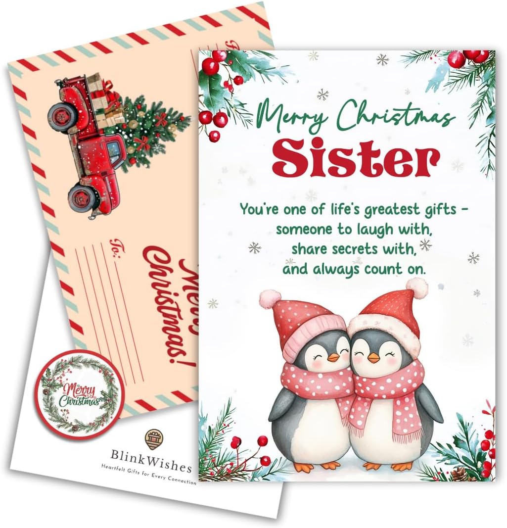 Christmas Card for Sister, Heartfelt Sister Christmas Card with Festive Design, Premium Envelope, Merry Xmas Greeting Cards for Sisters, Keepsake Holiday Cards