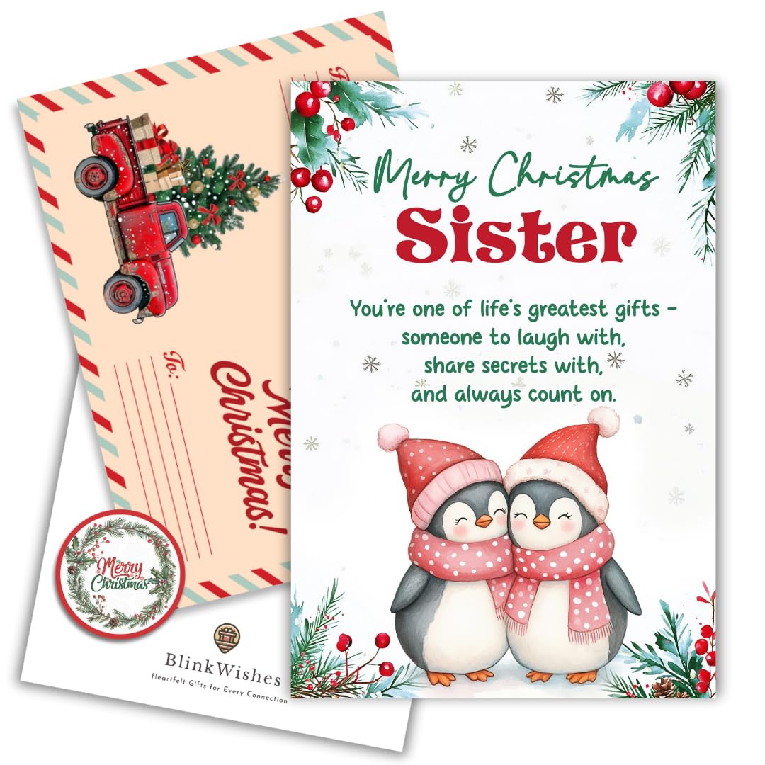Christmas Card for Sister, Heartfelt Sister Christmas Card with Festive Design, Premium Envelope, Merry Xmas Greeting Cards for Sisters, Keepsake Holiday Cards