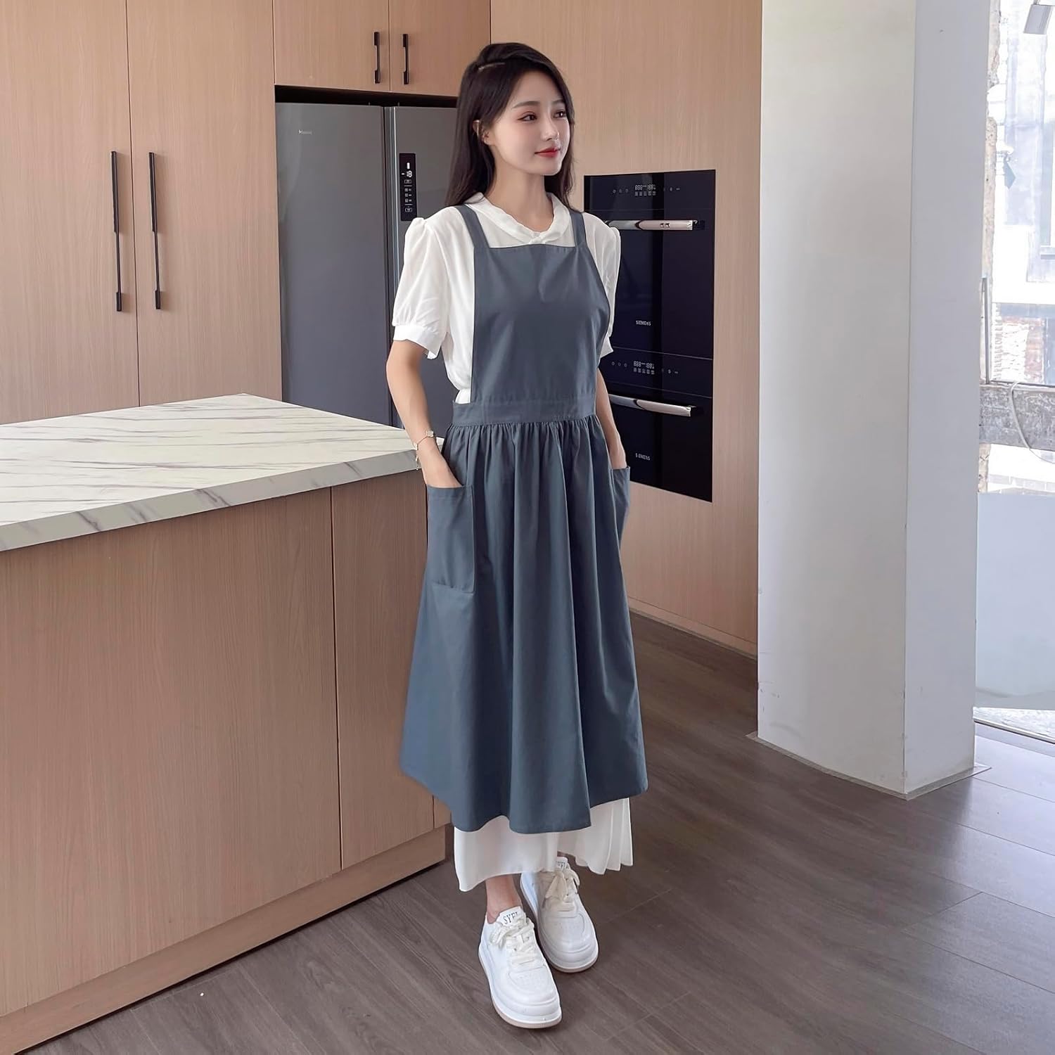 Pinafore Apron Dress,Japanese Cotton Linen Cross Back Apron for Women with Pockets,Pinafore Dress with Waist Ties (Turquoise Blue) - Image 3
