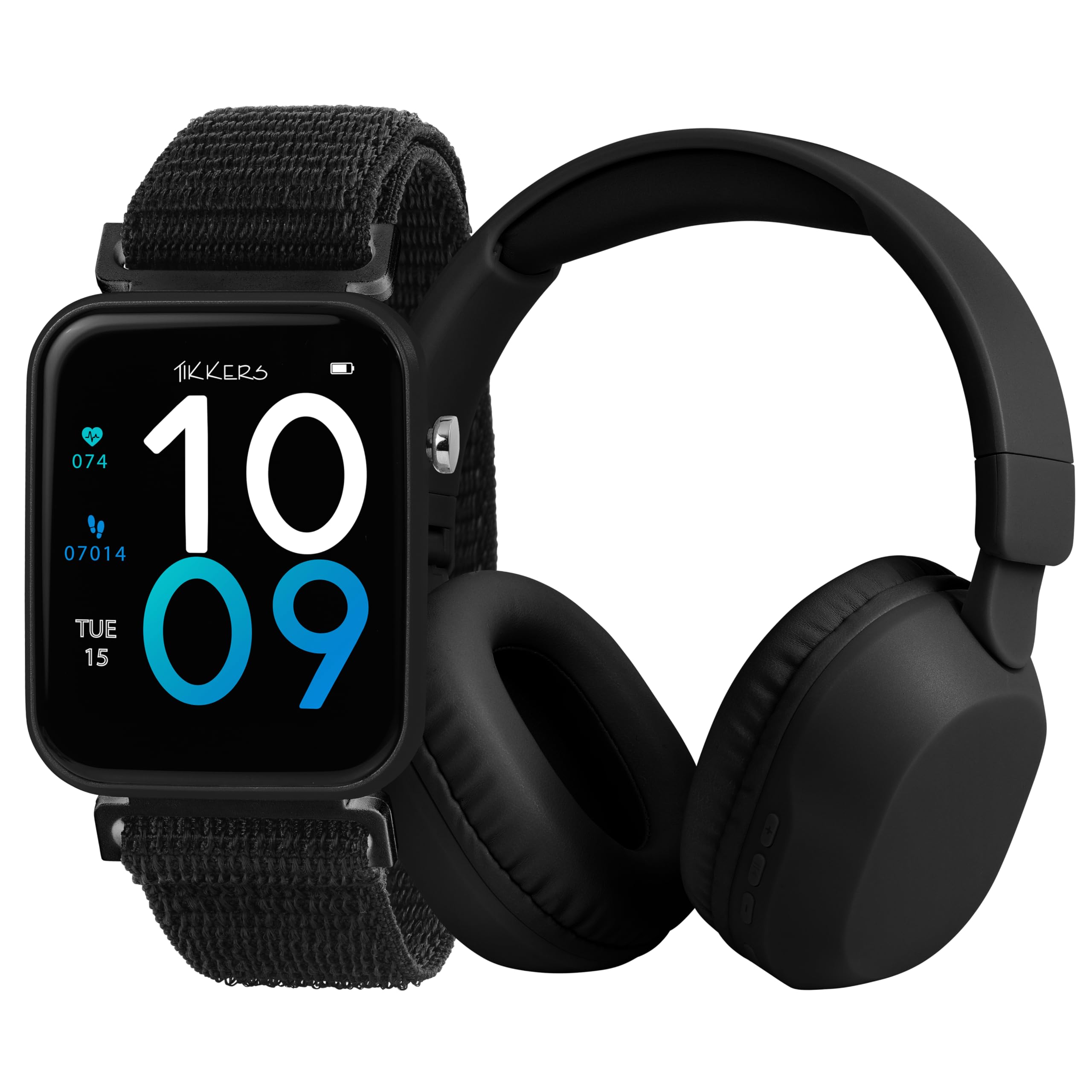 Tikkers Smart Series 13 - Czarny pasek z tkaniny Easy Release Smart Watch i zestaw słuchawkowy TKS13-0033-SET