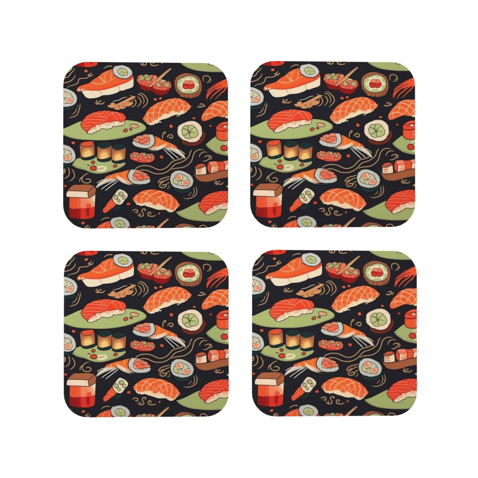 4Pcs PU Leather Coaster for Drinks, Japanese Sushi Shrimp Cup Coastersr 4" Cup Mat Pad, Aesthetic Drink Coasters for Coffee Table, Square Coaster for Tabletop Protection