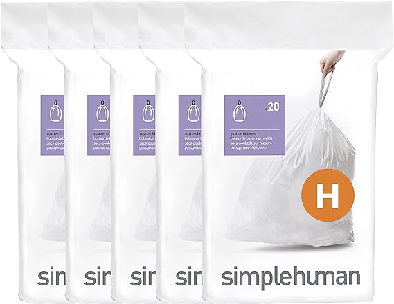 simplehuman Code H 100 Count Custom Fit Liners, Drawstring Kitchen Trash Bags, One-by-One Mess-Free Dispense, Extra Thick & Double Seamed, 50% PCR Plastic, 30-35 Liter / 8-9 Gallon, White