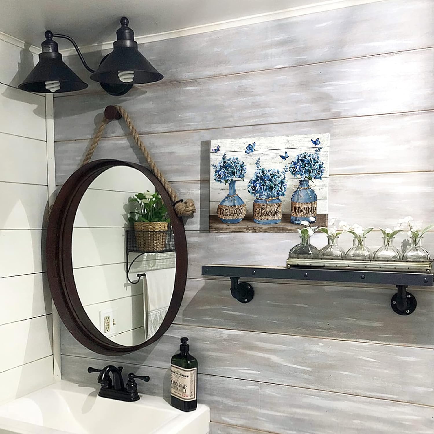 Parylore Farmhouse Bathroom Decor Wall Art Hydrangea in Mason Jar Theme Picture Framed Modern Artwork For Living Room Bedroom Office Home 12x16 In