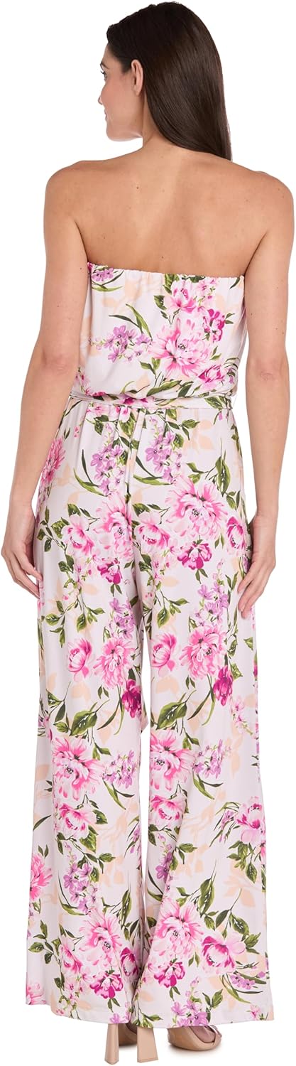 Strapless Floral Jumpsuit W/Waist Tie Sash & Pocket - Relaxed Fit Romper