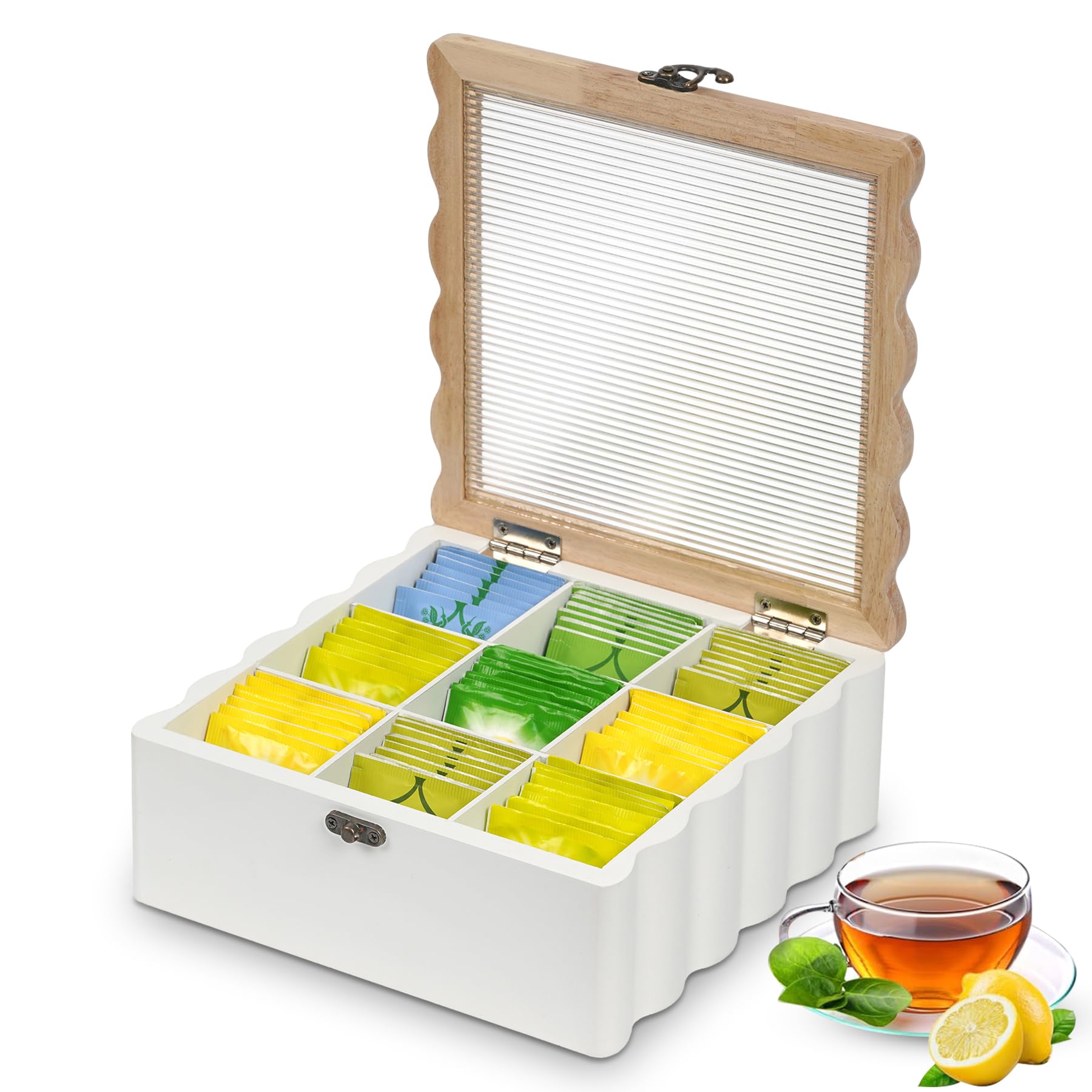 AHUONEL Tea Bag Organizer Wooden Tea Box, Tea Organizers and Storage Tea Bag Holder, Tea Bag Holder with 9 Compartments for Tea Bags, Creamers, Sugar, Coffee Pods, Instant Coffee Packets