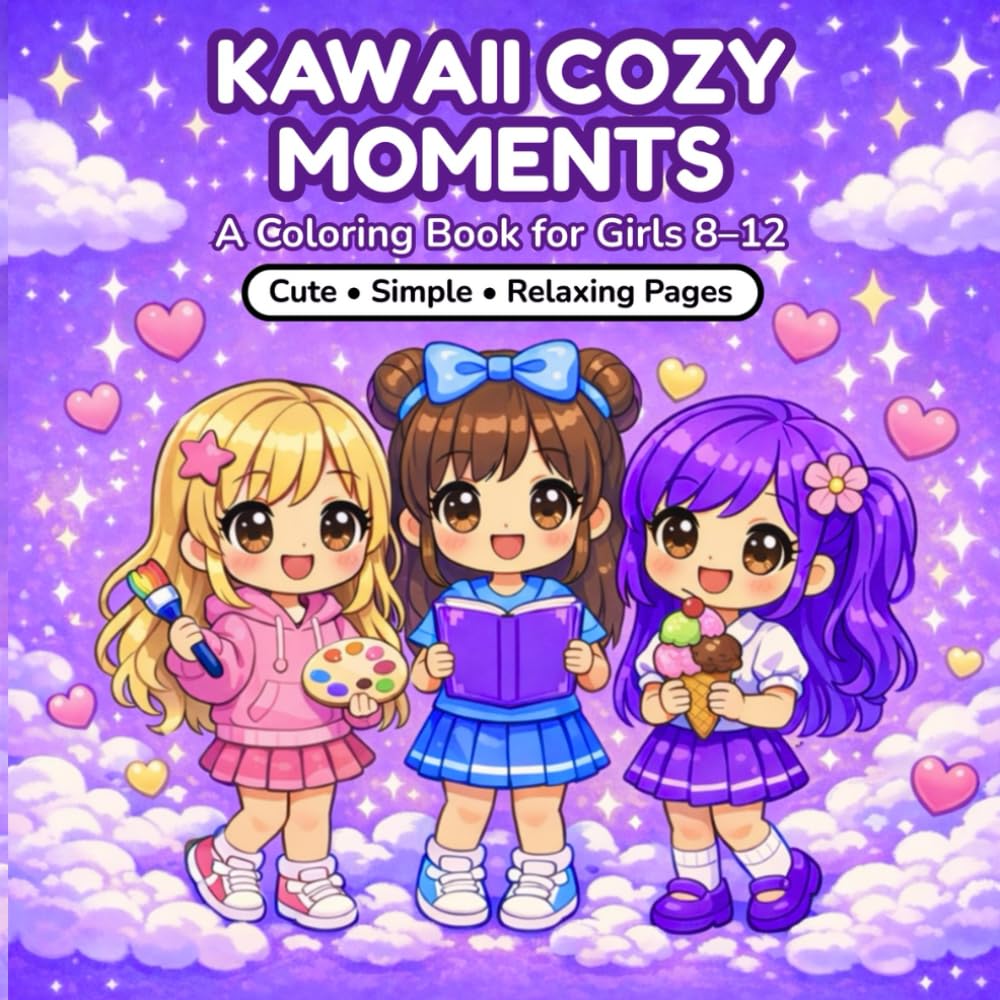 Kawaii Cozy Moments Coloring Book for Girls Ages 8–12: Cute, Simple & Relaxing Pages
