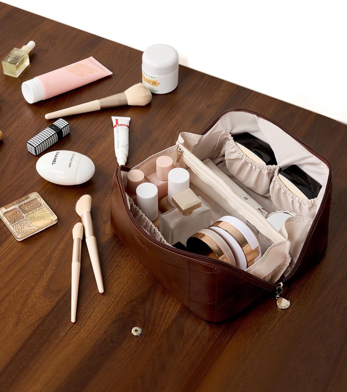 Makeup Bag, Travel Cosmetic Bags toiletry bag for Women, Waterproof PU Leather Make Up Pouch Organizer Travel Essentials Organizer with Divider (Brown) - Image 8