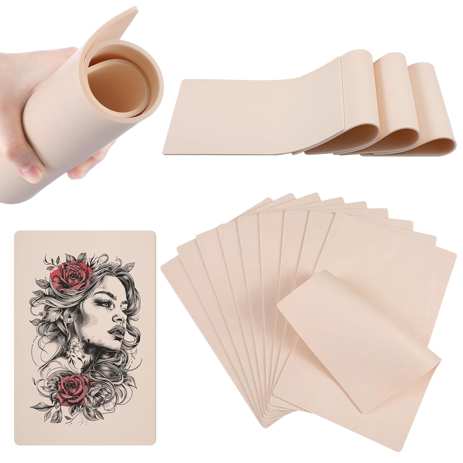 6 Pcs Tattoo Practice Real Fakeskin Double Sided Synthetic Fake Tattoo Skin 3mm Thick A4 Size (11" x 8.5") Stretchable Real Silicone Practice Pads for Beginners Experienced Artists