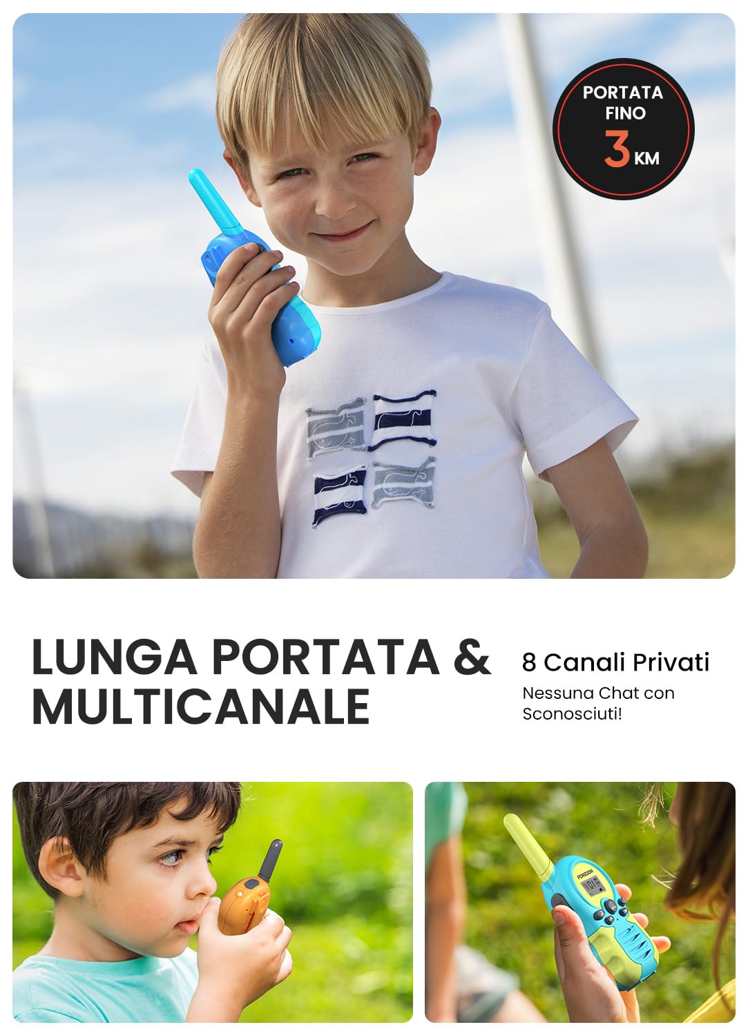 FOREDOM Walkie Talkie Ricaricabili per Bambini con Lunga Portata per Ragazzi e Ragazze da 3 a 12 Anni Regalo di Compleanno – Confezione da 3