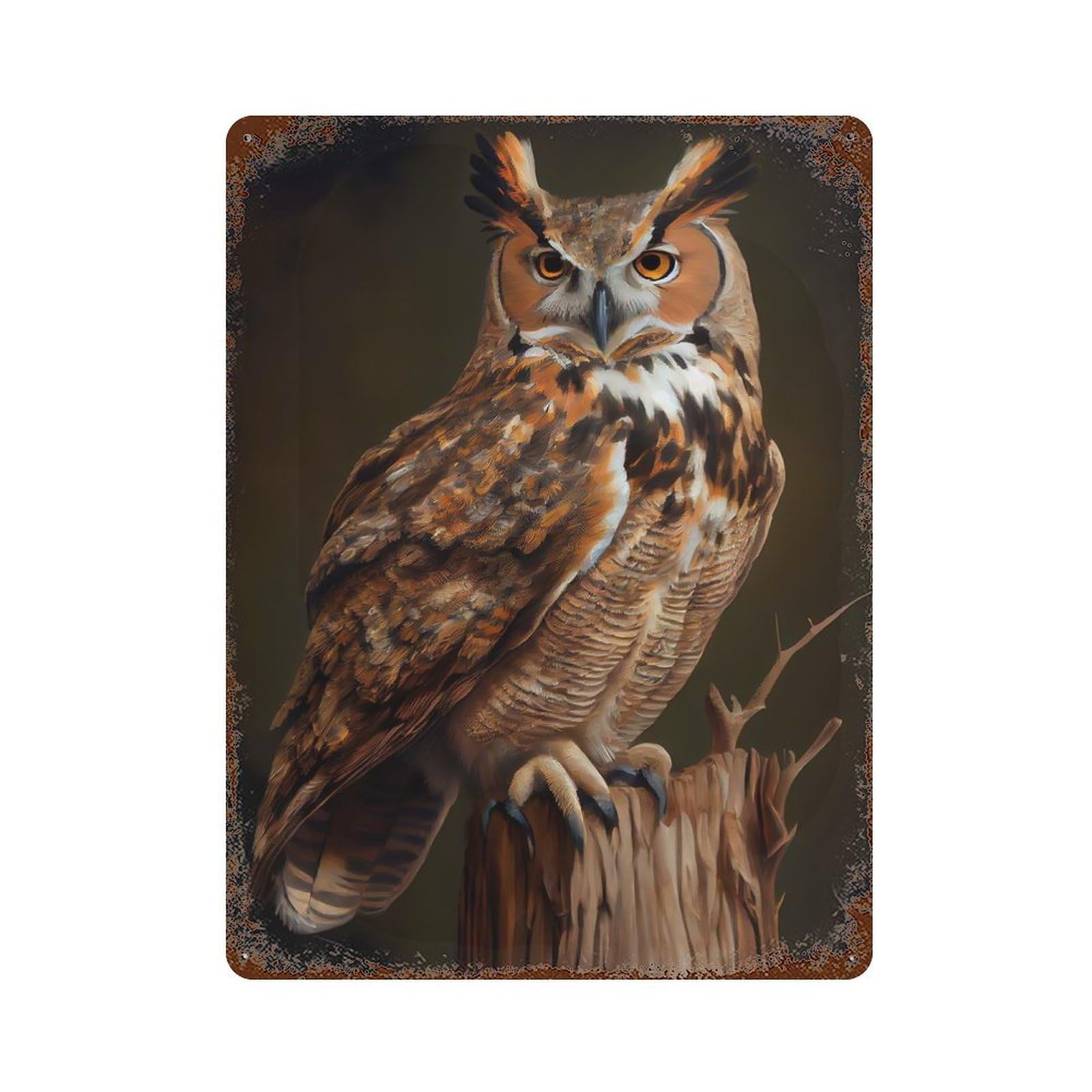 Rust Effect Great Horned Owl Rusty Metal Tin Sign 15.7"x11.8", Rustic Home Decor for Bistro, Counter And Cafe Decor